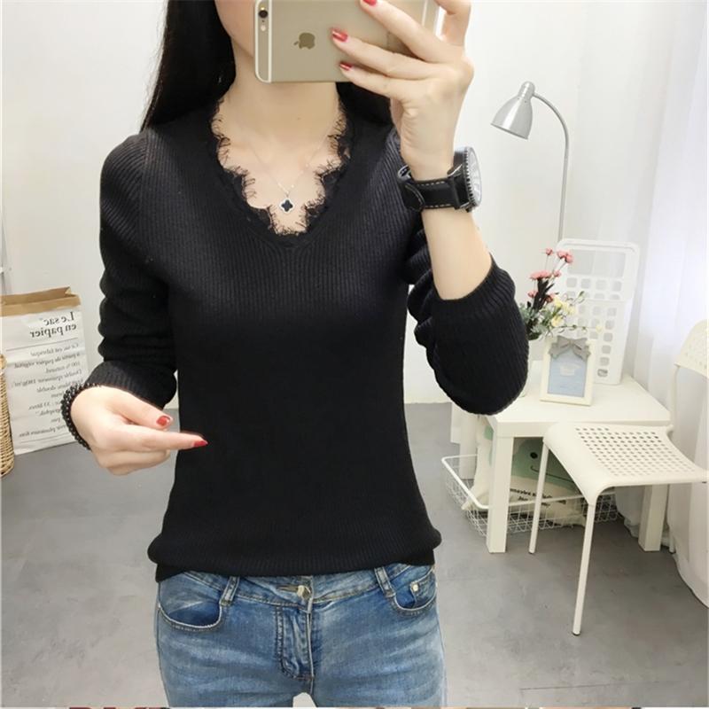 

Plus Velvet Tops Women's Winter Thickening 2020 new Fashion Warm Lace V-neck Knitted Bottoming Shirt Female Pullover Sweater, Black