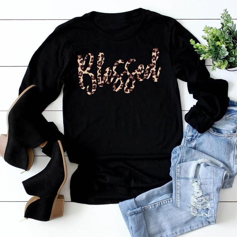 

Thanksgiving Women T-shirts O-neck Letter Printed Harajuku Top Long Sleeves T-shirt Tee Women Tops Ropa De Mujer 20201, Black