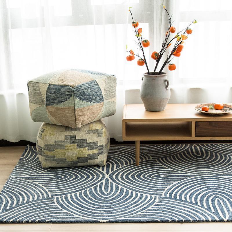 

Modern style blue geometric wool handmade gorgeous bedside rug , living room coffee table carpet, Nordic decoration bedside rug1, As picture