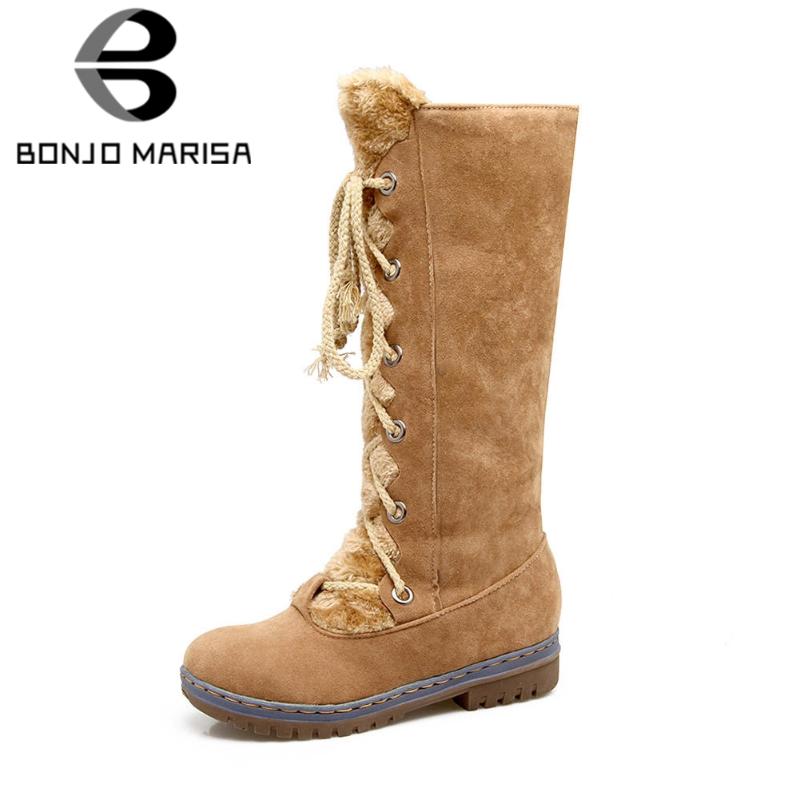 

BONJOMARISA 2020 Winter Plus Size 34-46 Fashion Warm Women mid-calf Fur Snow Boots lace-up Flat Casual Low Heels Shoes Woman, Black