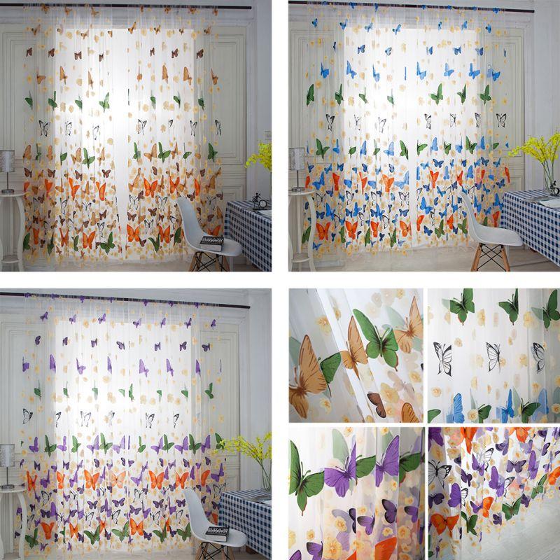 

100*200cm Curtain Rod Offset Curtain Valance Printing Curtains Butterfly Screen Window, Blue