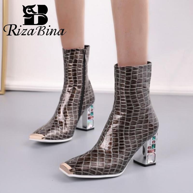 

RIZABINA Women Shoes Ankle Boots Square Toe Thick High Heel Zipper Colorful Crystal Stone Pattern Female Footwear Size 34-48, Black