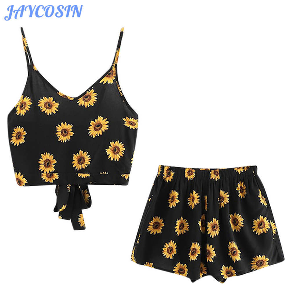 

JAYCOSIN Women Set Clothes Sexy Sunflower Printed Two Piece Set High Waist Sling Top And Short Pants Casual Summer Beach Suit T200701, Ye