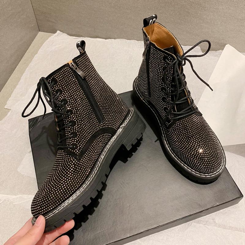 

Chic Designer Women Luxury Rhinestone Shoes Brand Female Casual Lace Up Thick Heels Platform Boots Girls Soft Party Martin Boots, Black