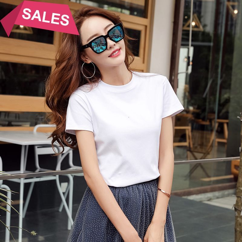 

New S-3xl Women's T-shirts 2021 Summer Short Sleeve Tee Shirts Tops 98% Cotton Women Solid t Shirt Black White Green Blue W3n0, White ysk -232