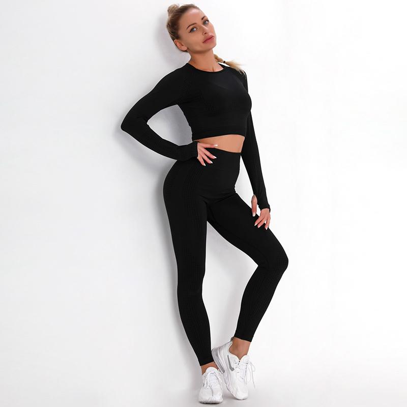 

Seamless Woman Suit Dot Jacquard Knitted Hip-Lifting Elastic Fitness Sports Yoga Wear Set, Black