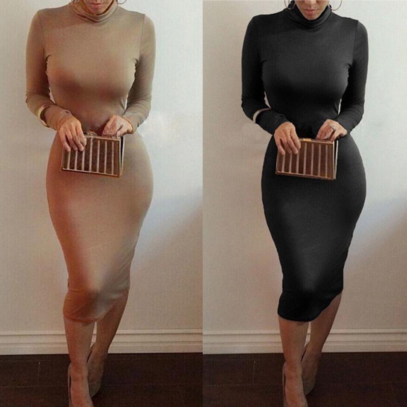 

Turtleneck Long Sleeve Elastic Skinny Dress Women Autumn Sexy Sporting Style Dresses Bodycon Slim Clubwear Dropshipping, Coffee