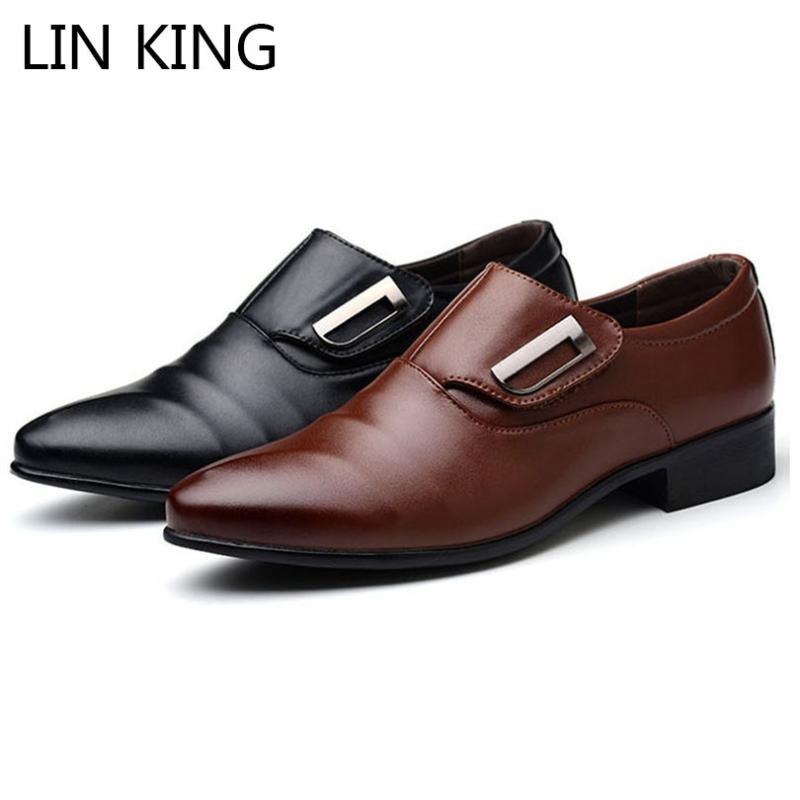 

LIN KING Big Size Design 38-48 Pu Leather Formal Shoes Men Pointed Toe Business Office Dress Shoes Slip On Man Oxfords, Black