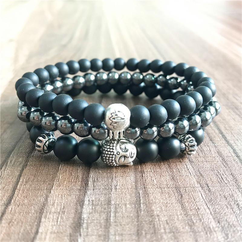 

3 Pc Sets Men's Bracelet Natural Stone Beads Jewelry Matte Black Onyx Bracelet Best New Year Gift1
