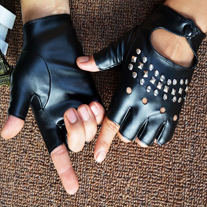 

2020 Fashion Half Finger Gloves Women Pu Leather Fingerless Driving Gloves Halloween Rivet Hollow Dancing Glove For Men