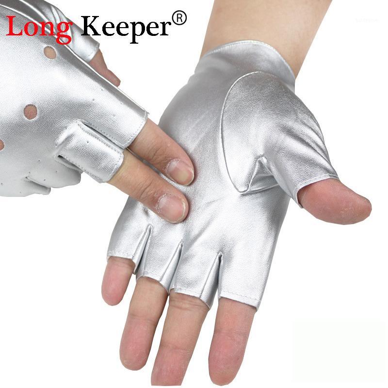 

Long Keeper Fashion Men's Gloves Fingerless Leather Gloves for Dancing Party Show Sport Fitness Black Silver Summer Luvas M1311
