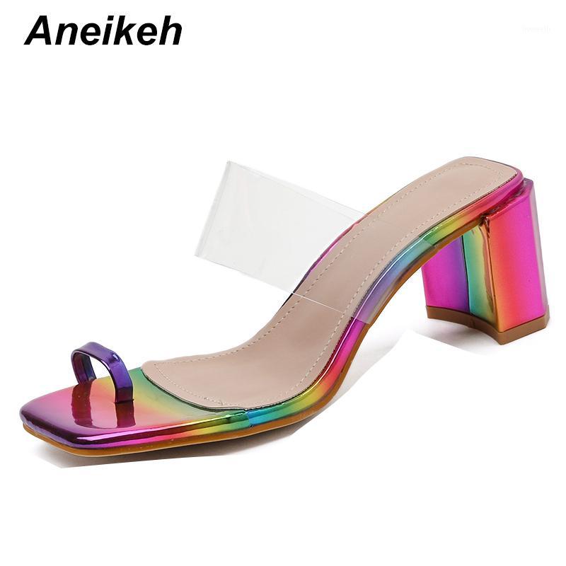 

Aneikeh 2020 Summer Sexy PVC Narrow Band Slipper Woman High Heels Peep Toe Pinch Mules Outside Ladies Slides Party Shoe 35-401, Black