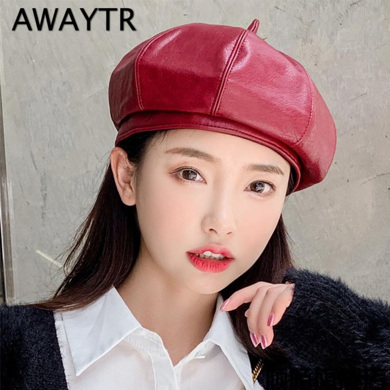 

AWAYTR 2021 Fashion Women PU Leather Octagonal Caps Newsboy Cap Vintage Bonnet Beret Style Retro Leather Hat Cowboy