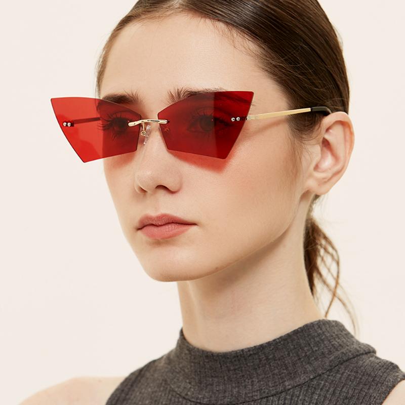 

Veshion frameless retro sunglasses women cat eye gold metal rimless ladies sun glasses uv400 brown red 2021 summer eyewear