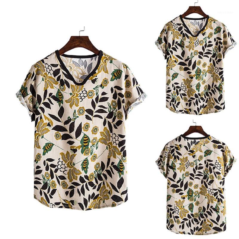 

Men's Top Ethnic Linen Printed T-Shirt Male V-Neck Short Sleeve T-Shirts Summer Thin And Comfortable Fashion All-match Tops1