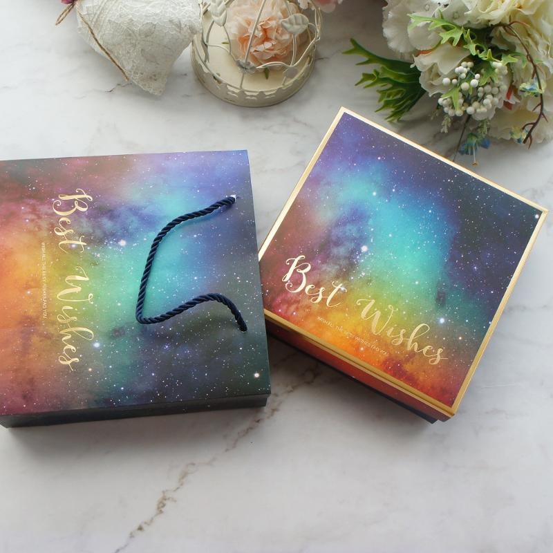 

20*20*6cm 3set Gold Sky Best Wish Universe Design Paper Box + Bag As Baby Shower Birthday Wedding Gift Packaging Use