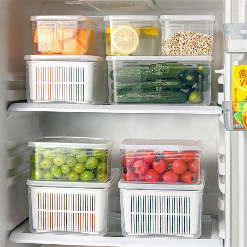 

Refrigerator Fresh-keeping Box Kitchen Organizer Plastic Storage Box Drain Basket Large Capacity Sealed Fruit Storage1