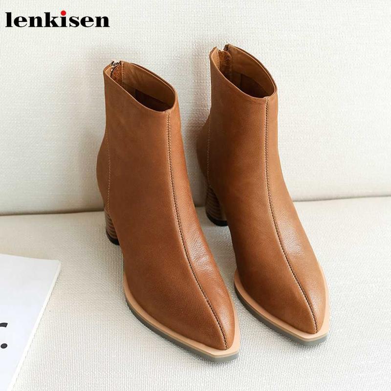 

Lenkisen hot European concise genuine leather pointed toe Oxford bottom high heels solid winter keep warm women ankle boots L931, Black