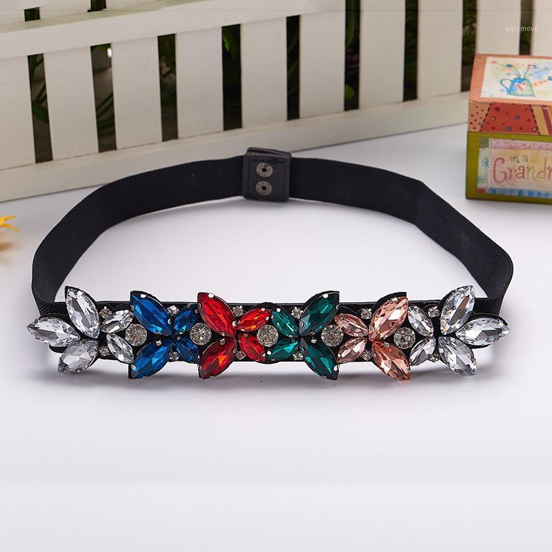 

Colorful Rhinestone Waistband For Women Flower Crystal Gem Elastic Slimming Corset Strechy Strap European Ladies Dress Belts1, Black