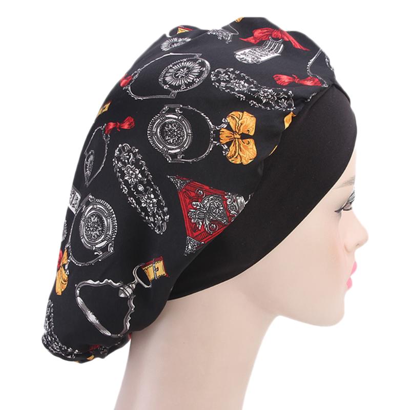 

Floral Printed Imitated Silk Fabric Elastic Sleeping Bonnet Women Turban Hat Salon Hair Care Hijab Fashion Soft Forehead Crossed, Black