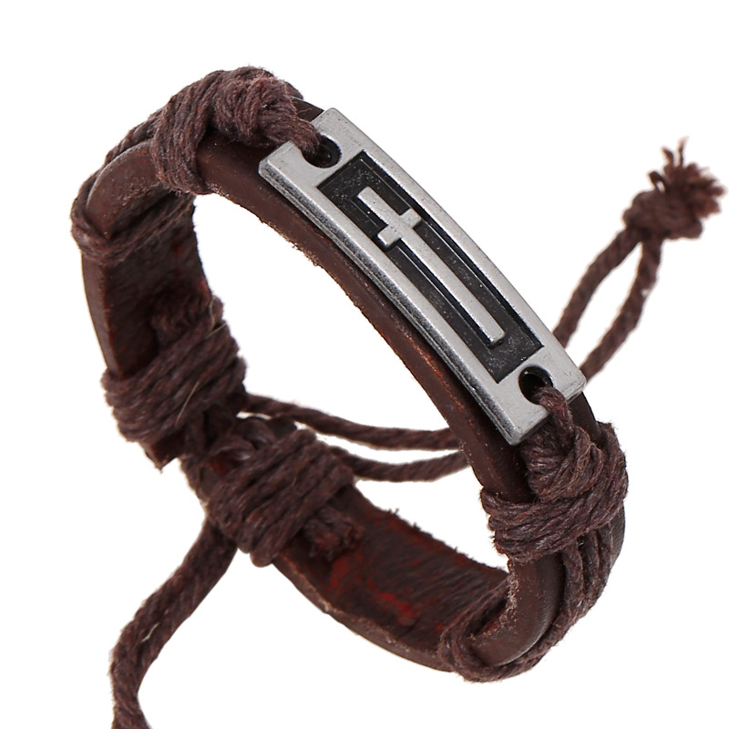 Vintage Bracelets En Cuir Bracelets En Métal Croix Jésus Charme Bracelet Réglable Cordon De Cire Bracelet Pour Hommes Femmes