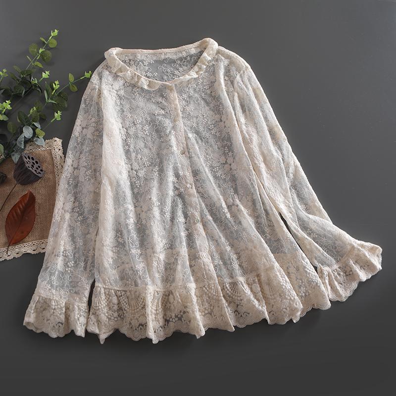 

Lamtrip Japanese Lolita lace embroidered shirt autumn Flared sleeves blouse mori gril, Beige