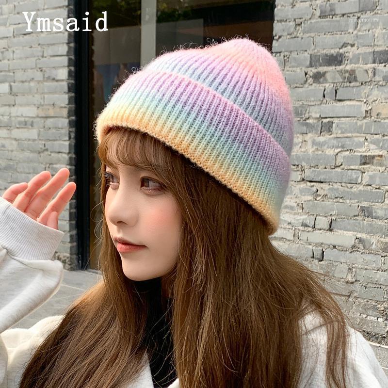 

New Women Tie dye Ribbed Soft Gradient knitted Hat Slouchy Caps Ladies Autumn Cotton Multicolor Skullies Bonnet Baggy Winter Hat1, Green