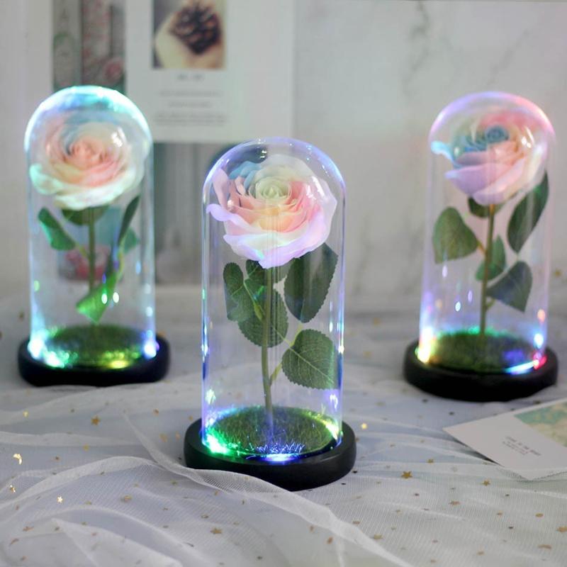 

Red Rose With Led Colourful Light In Glass Dome For Wedding Party Valentine's Day Gift Mother's Day Gift, 04