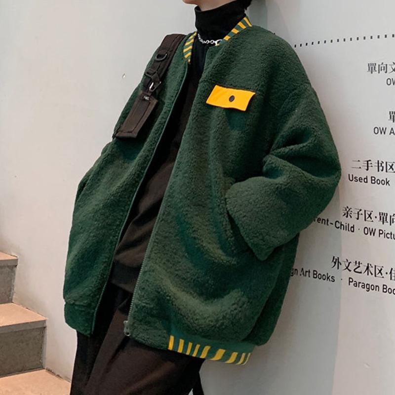 

Men's Jackets NoEstaMal Lamb Woolen Fleece Baseball Men Loose Fashion Stripe Contrast Color Casual Coats Harajuku Streetwear Outerwear, Black;brown