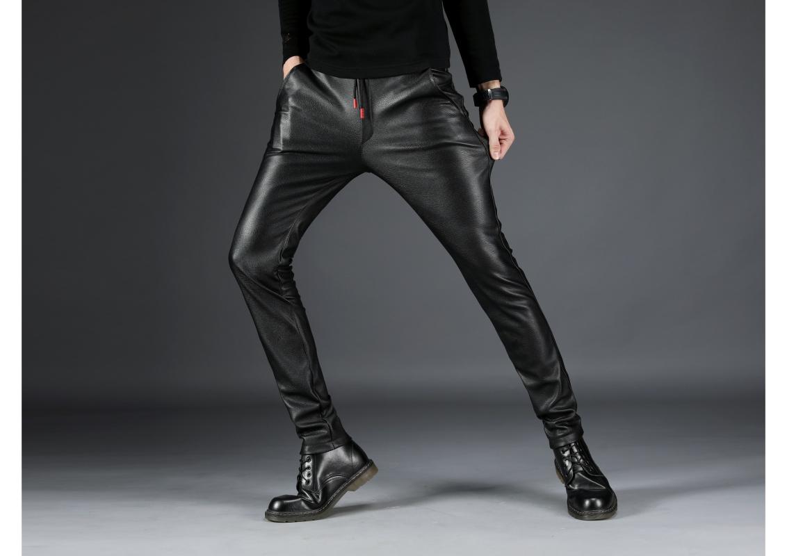 

2021 men fall cultivate one's morality stretch feet add wool locomotive PU leather pants teenagers with leisure leather pants, Black