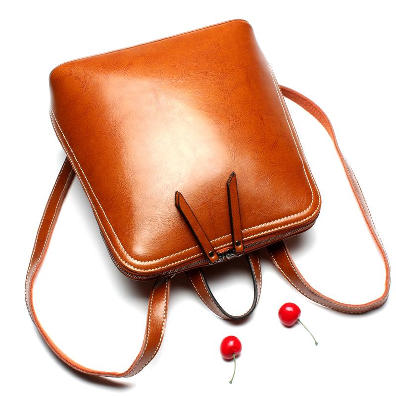

2021 New Simple Fashion Genuine Leather Women Backpacks Oil Wax Cow Leather students School Bags Multifunction shoulder bag, Brown
