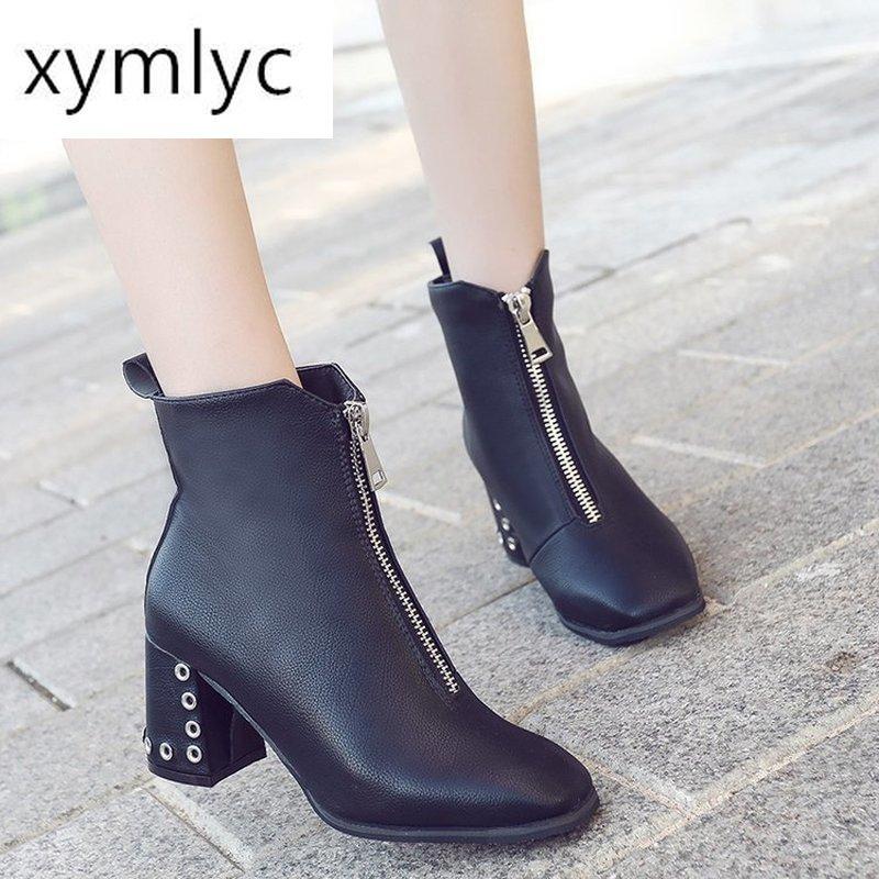 

snow boots female British wind 2020 new front zipper boots high heel autumn and winter single women Round head, Creamy-white