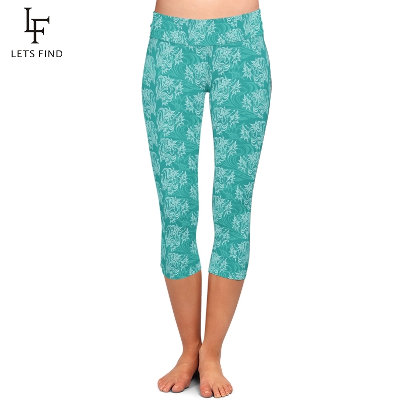 

High Quality Women Capri Leggings High Waist Printing Pants 220gsm Double Side Brushed Milk Silk Turquoise Casual Leggings 201203