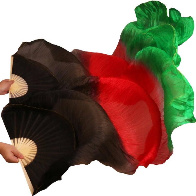 

2020 High Selling 100% Real Silk Veils Dancing Fans 1 Pair Handmade High Quality Silk Belly Dance Fans Black+Red+Green Colors, As picture