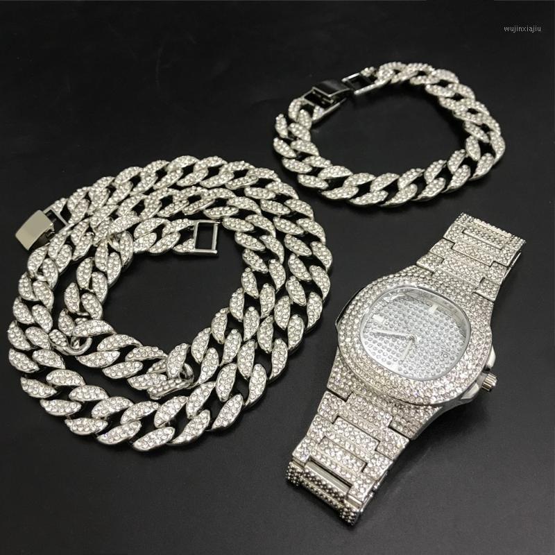 

Earrings & Necklace Luxury Men Silver Color Watch Neckalce Braclete Combo Set Out Cuban Jewerly Crystal Miami Chain Hip Hop For, As pic