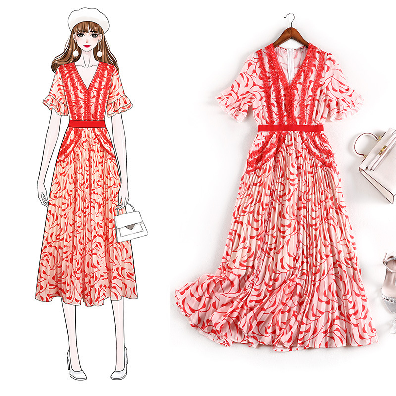 

Loose Fashion Female Size Party 6l Longer Summer Thin Line Dress 10563 W6us, Red.