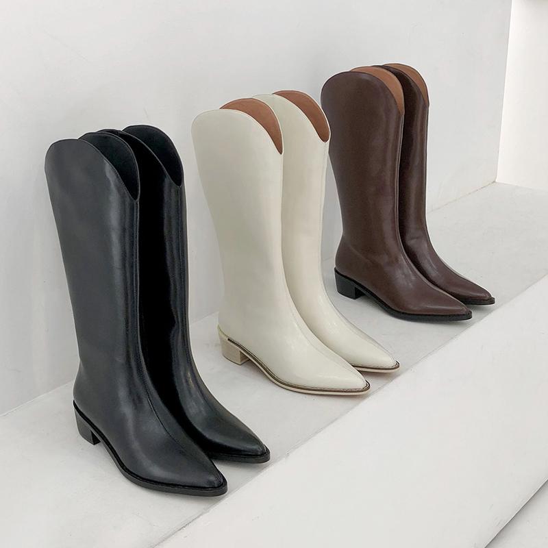 

2021 New Women Genuine Leather Wedges Long Boots Lady Riding Cowboy Boots Winter Designer Pointed Toe Knee Thigh High, 3 brown