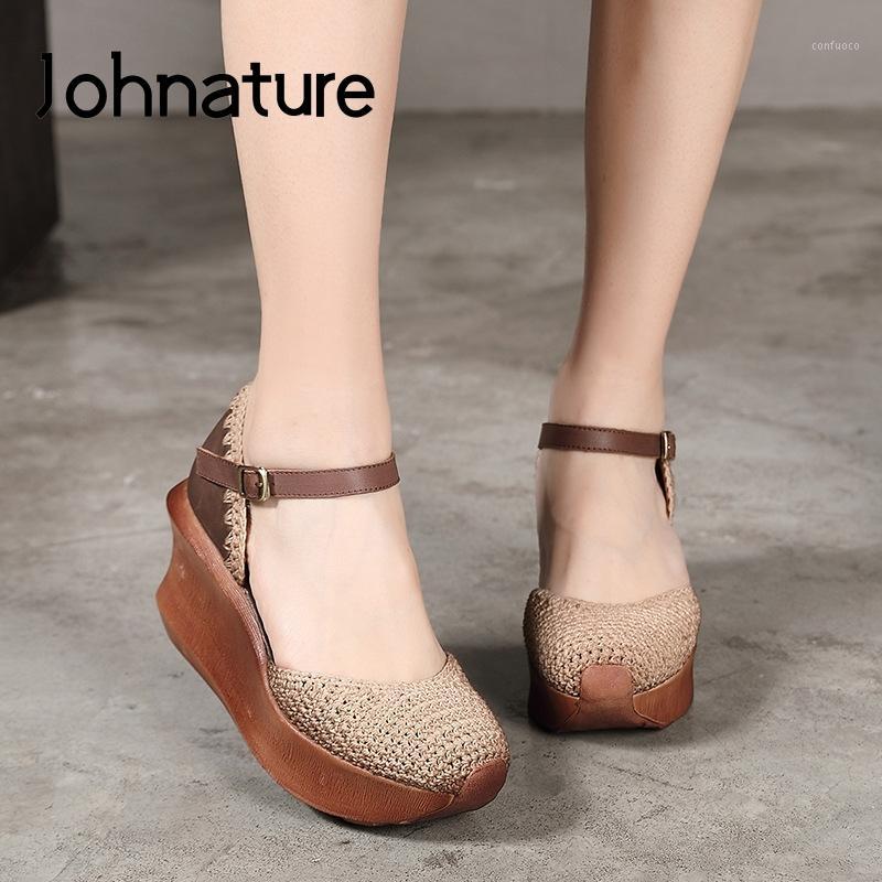

Johnature High Heels Retro Wedges Genuine Leather Buckle Strap Pumps Women Shoes 2020 Knitting Round Toe Platform Ladies Shoes1, Gray