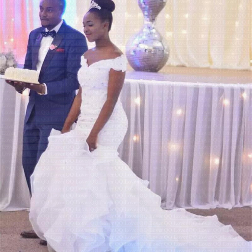 

2021 New African Mermaid Custom Plus Size Pearls Wedding Dress U5PX, White