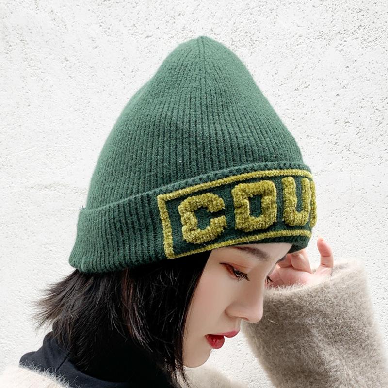 

Guodong005 Winter adult women casual curled beanies caps Thick warm wool knitted COURAGE embroidery skullies Ski hats gorras, 004