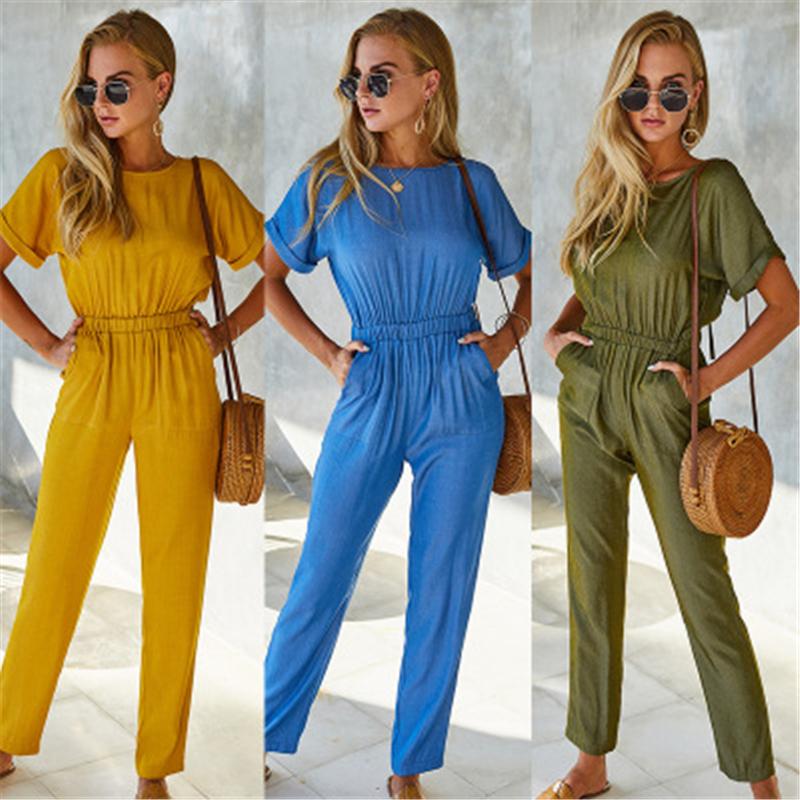 

Womens Solid Color Rompers Fashion Occident Trend Short Sleeve Draw Waist Long Pants Jumpsuits Designer Female Spring Casual Loose Rompers, Yellow