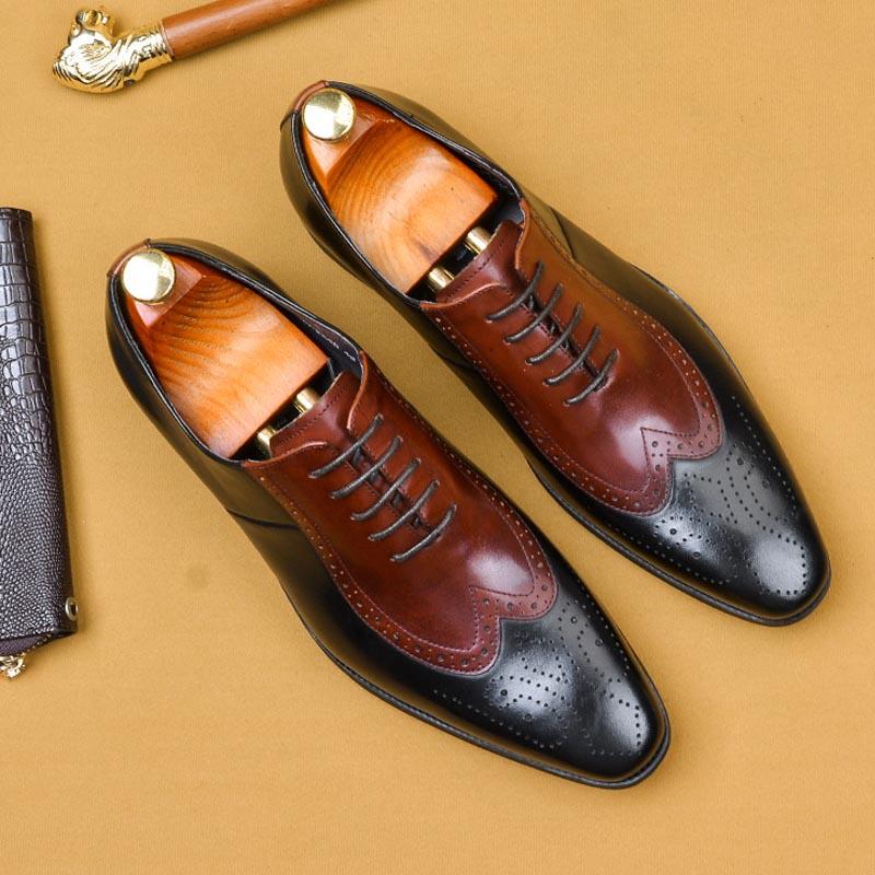 

Mix Color Men Dress Shoes Point Toe Business Office Shoes Lace-Up Brogue Formal Men's Party Genuine Leather A83, Black and wine red