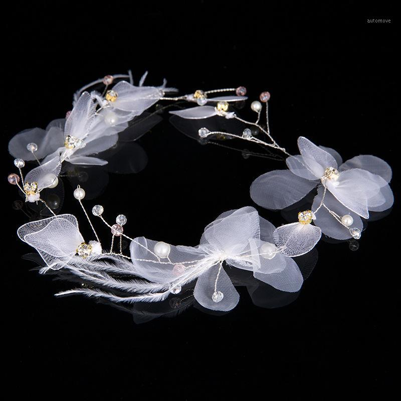 

Women Elegant Feather Silk Yarn Rhinestone Pearl Headband Wedding Party Headdress Hair Band Headdress Hair Accessories BH1