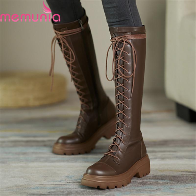 

MEMUNIA 2021 New Arrival Women Boots Genuine Leather Boots Med Heels Round Toe Lace Up Winter Knee High Black Brown