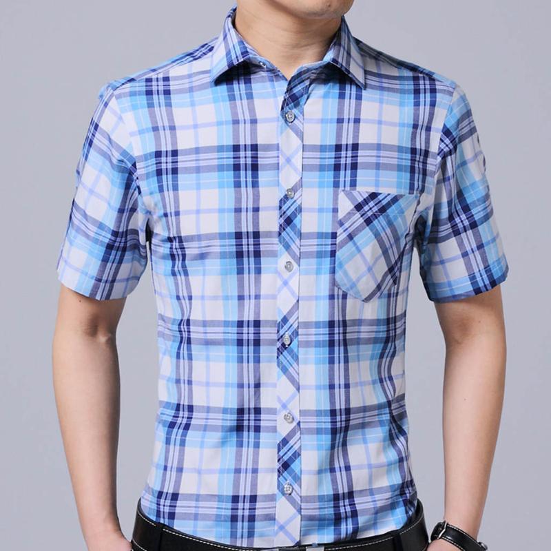 

Vogue Plaid Dress Shirts Summer Fashion Pockets Loose Casual Daily Short Sleeve Shirt Casual Chemise Homme, Blue