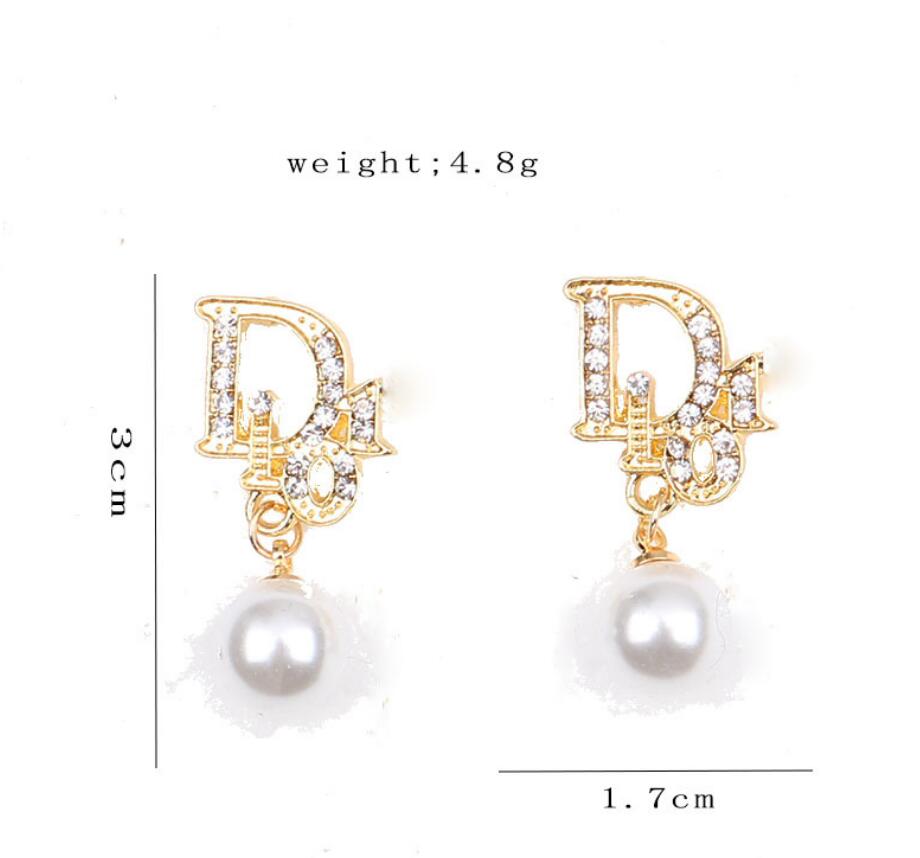 

2Colors Simple Women Fashion Dangle Double Letter Earrings Pearl Crystal Rhinestone Metal Eardrop Metal Gold Silver Round Stud for Girls Lovers Jewelry Wholesale