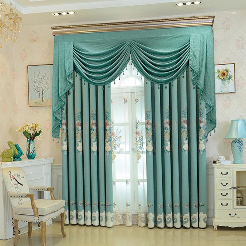 

European Style Light Luxury Modern Vase Exquisite Velvet Embroidery Curtain for Villa Living Room Bedroom Curtains Custom1, Tulle