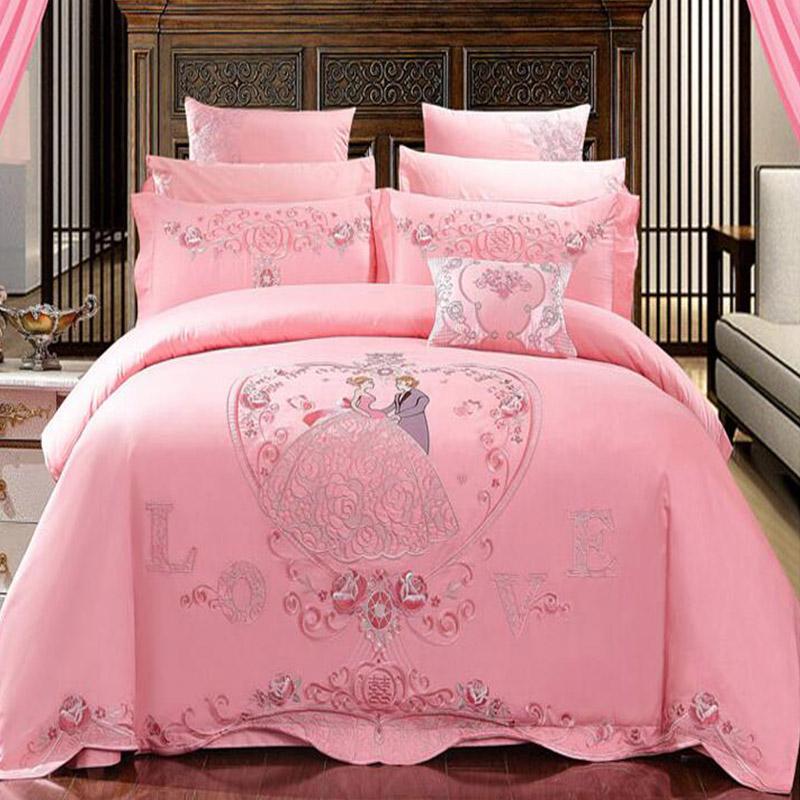 

Pink color wedding kit luxury embroidered duvet cover set high level wedding bedding set 6pcs/7pcs/8pcs/10pcs kit free shipping, Style 1