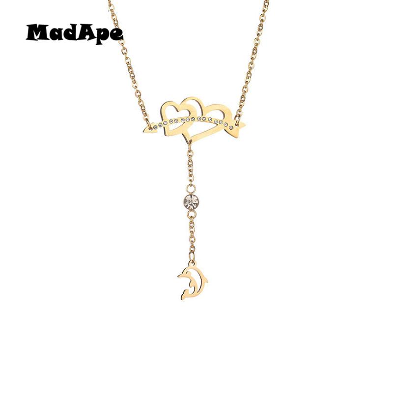 

MadApe The God Of Love Pendant Necklace For Couple Jewelry Gift Stainless Steel Gold Color Dolphin And Heart Pendants & Necklace