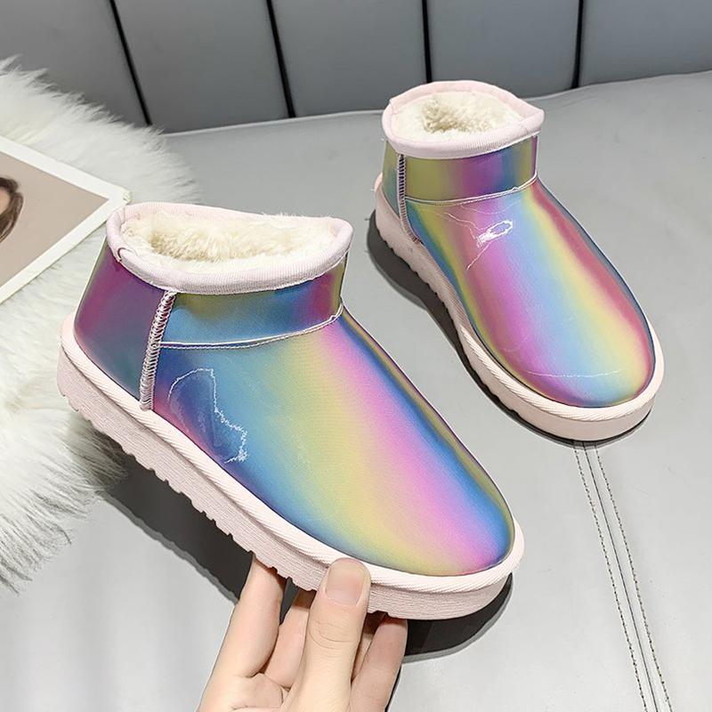 

Rainbow snow boots Winter Snow Women Boots Plush Warm Shoes Platform Women Transparent Waterproof Fur Round Head Shoes, Beige
